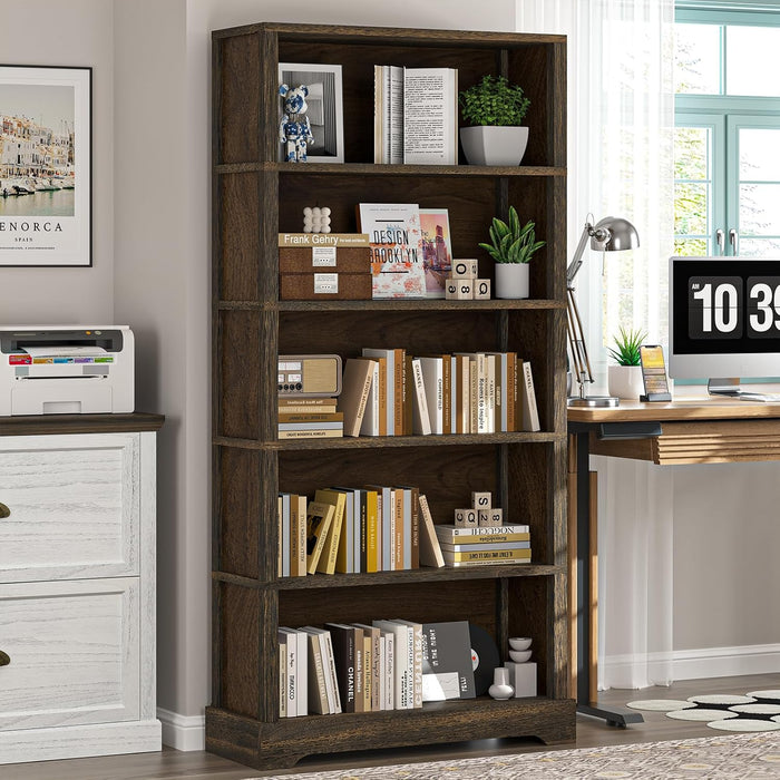 5-Tier Wooden Book Shelf, 65" Tall Bookshelf with Storage, Floor-Standing Display Bookcase, Farmhouse Style Bookshelf with Arched Base, Suitable for Living Room, Study, Office, Rustic Brown