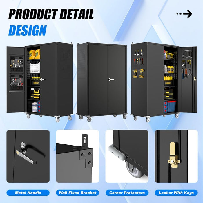 Black Metal Garage Storage Cabinet Pegboard Lockable