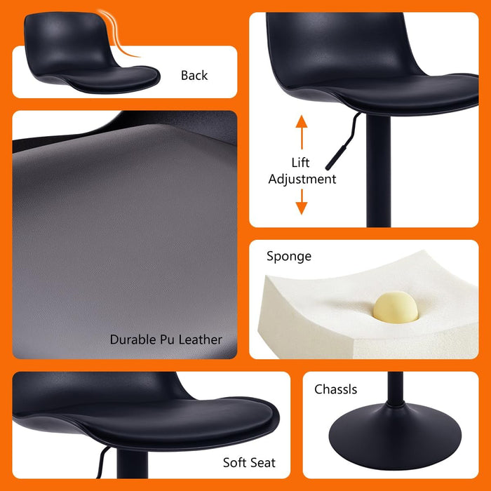 Black Bar Stools Set of 2 Adjustable Counter Height Barstools Modern PU Leather Swivel Tall Bar Chairs Upholstered Bar Stool with Back for Kitchen Island