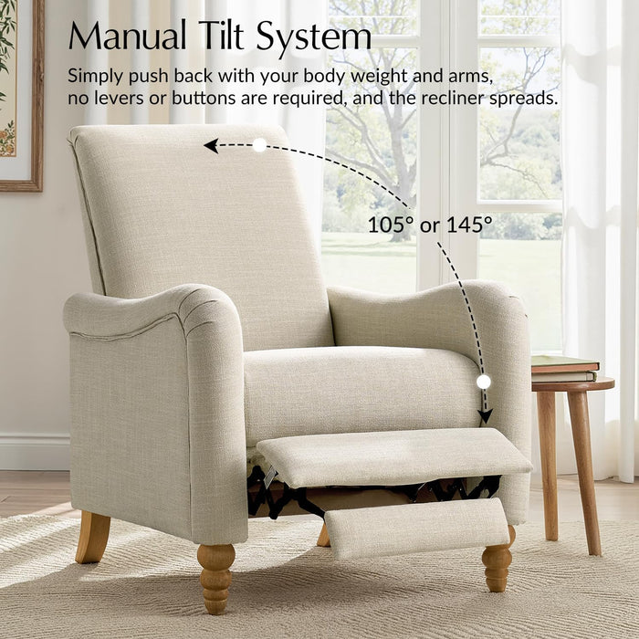 Farmhouse Curved Recliner Chair with Spindle Legs, Linen