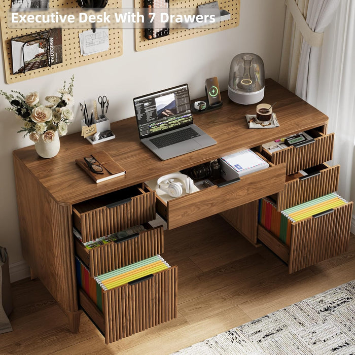 55Inch WalnutFinish Executive Desk With ChargingPort Unit