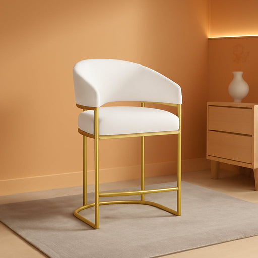 Modern Counter Height Bar Stools,Bar Stools Set of 3,PU Leather Upholstered Barrel Barstools with Backs,26" Kitchen Island Chairs,Metal Gold Frames,Support 480 Lbs,Beige White Leather