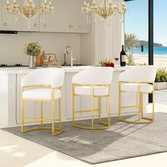Modern Counter Height Bar Stools,Bar Stools Set of 3,PU Leather Upholstered Barrel Barstools with Backs,26" Kitchen Island Chairs,Metal Gold Frames,Support 480 Lbs,Beige White Leather