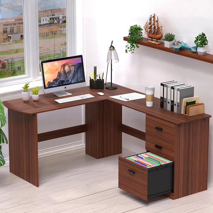 51 X 59 Inches L-Shaped Home Office Wood Corner Desk with Box Box File Drawers, Walnut
