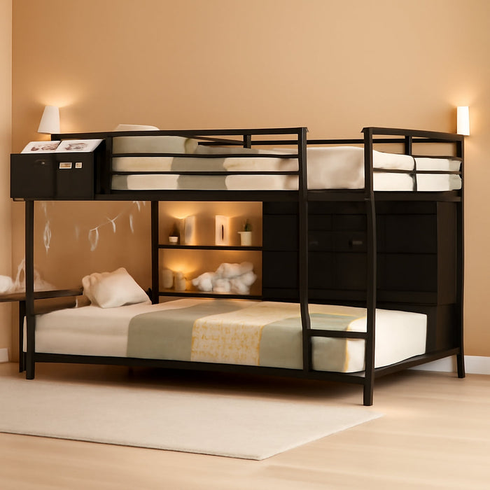 Full over Twin Bunk Bed with 6 Drawers, Metal Frame Bunk Bed with LED Lights, Convertible Storage Bunk Bed with Extra-High Guardrails & Non-Slip Ladder, 2-Way Installation,For Teens, Black