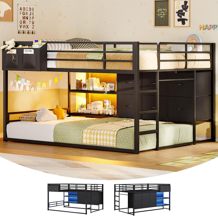 Full over Twin Bunk Bed with 6 Drawers, Metal Frame Bunk Bed with LED Lights, Convertible Storage Bunk Bed with Extra-High Guardrails & Non-Slip Ladder, 2-Way Installation,For Teens, Black