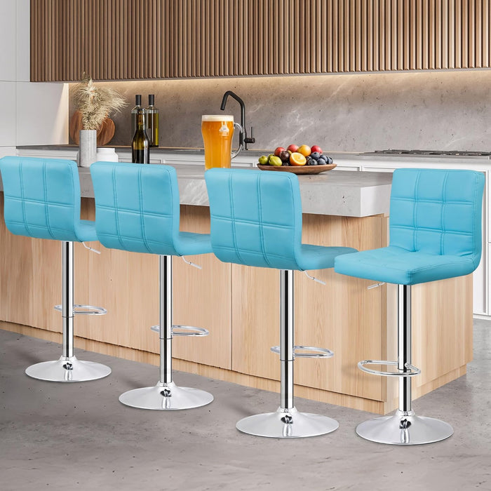 Set of 4 Adjustable Swivel Barstools, Modern PU Leather Kitchen Counter Bar Stools, Square Back Bar Stool (Blue)