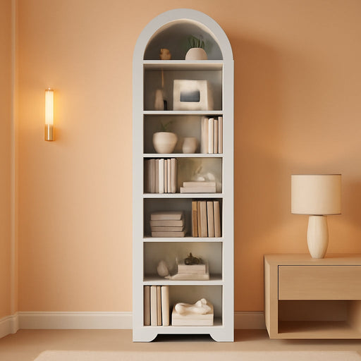 70.7'' Arched Bookcase, Modern Bookcase, Narrow Bookcase with Open Shelves, 8-Tier Tall Arched Bookshelf with Adjustable Shelves for Living Room, Home Office, White WT438SJ01