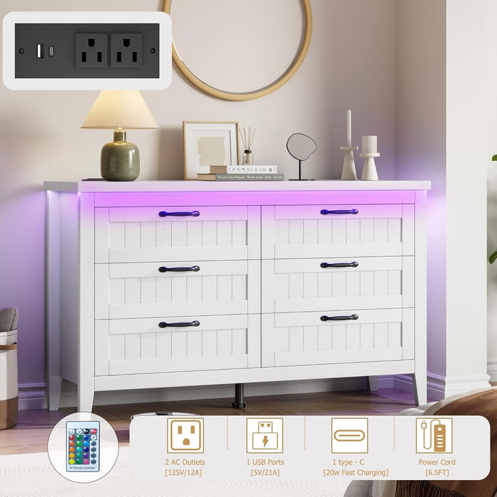 Farmhouse 6 Drawer Dresser with Charging Station & LED Lights, Slim Wooden Bedroom Dresser, Rustic Chest of Drawers Clothes Storage Organizer for Closet Dorm Apartments, White