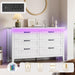 Farmhouse 6 Drawer Dresser with Charging Station & LED Lights, Slim Wooden Bedroom Dresser, Rustic Chest of Drawers Clothes Storage Organizer for Closet Dorm Apartments, White