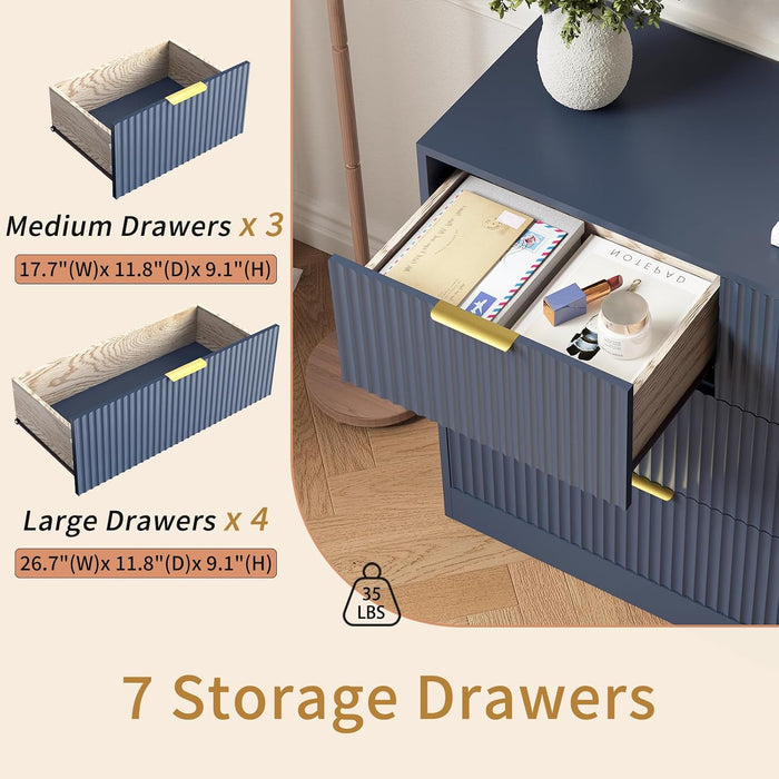 7 Drawer Fluted Dresser with Deep Drawers for Bedroom, Blue丨55 Wide Mid Century Dresser, Modern Chest of Drawers, Wood TV Stand Storage Organizer for Closet, Living Room, Hallway