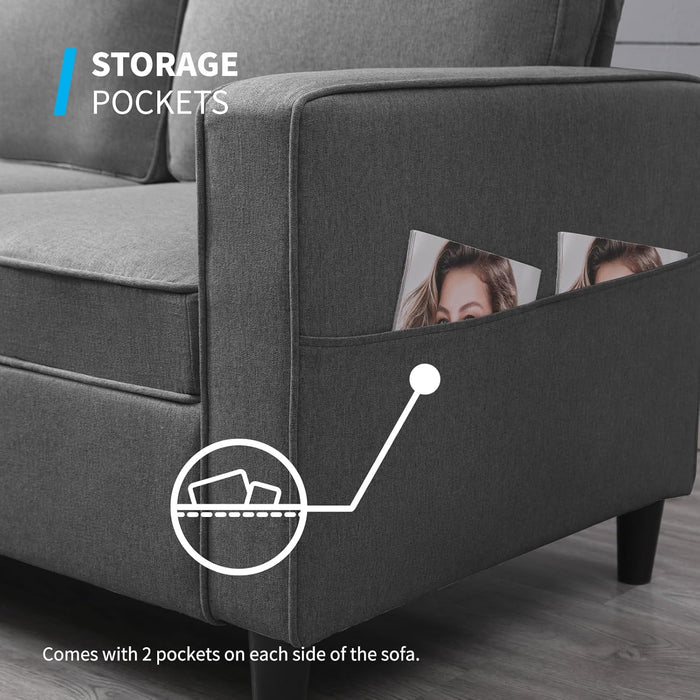 3PCS Convertible Sofa Set, Linen Upholstered Couch Set with Side Pockets, Modern Living Room Sofa with Storage Ottoman, Couch for Living Room Apartment (Dark Grey, Sectional Sofa + Single)