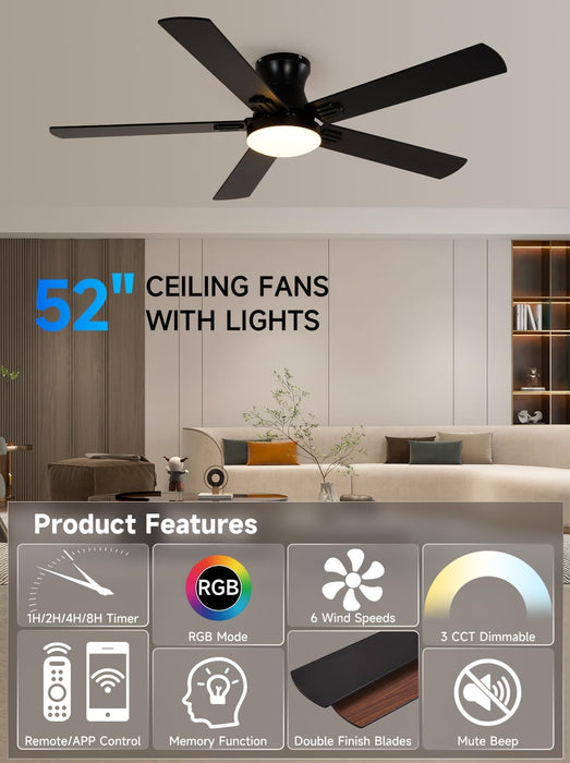 52 Inch Black Ceiling Fans with Lights, RGB Ceiling Fan with Remote and App,Flush Mount Low Profile, Dimmable 35W LED, Reversible, Smart Ceiling Fan for Bedroom Nursery Living Room Apartment