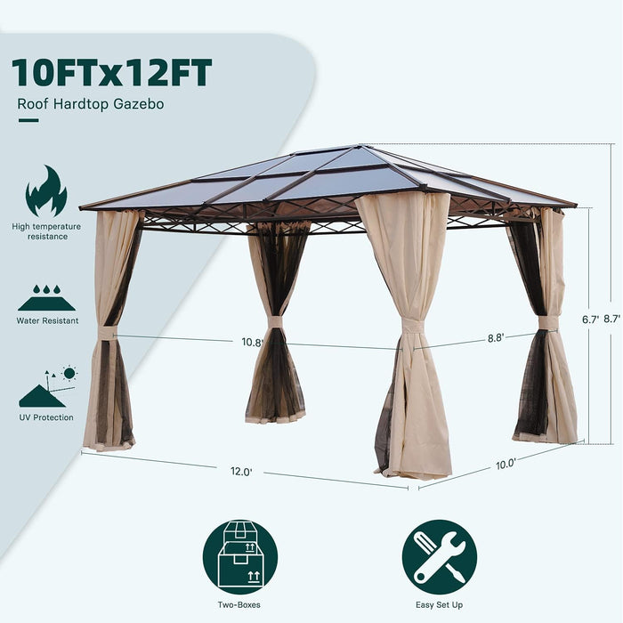 10X12 Gazebo, Hardtop Gazebo, Single Roof Pergolas Metal Aluminum Frame UV 50+ Outdoor Canopy with Mosquito Netting and Curtains, Outdoor Shelter for Garden, Lawn, Backyard
