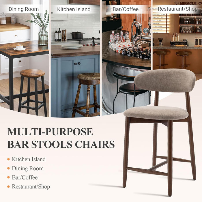 Bar Stools Set of 2, Counter Height Barstools with Back, Mid Century Modern Upholstered, with Wood Legs for Kitchen Island Dining Room, Camel