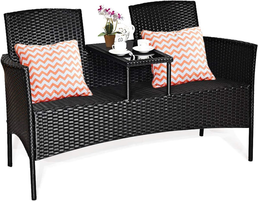 Wicker Patio Conversation Furniture Set, Outdoor Furniture Set with Removable Cushions & Table, Tempered Glass Top, Modern Rattan Bench for Garden Lawn Backyard