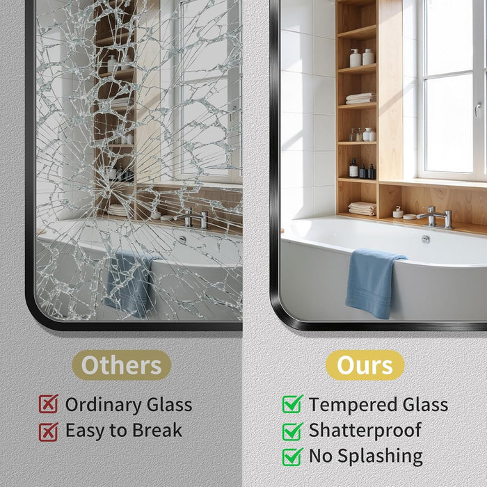 Bathroom Mirror, 30X36 Inch Black Metal Framed Mirror for Bathroom, Tempered Glass, Anti-Rust, Rounded Rectangle Mirror for Restroom, Bedroom, Black