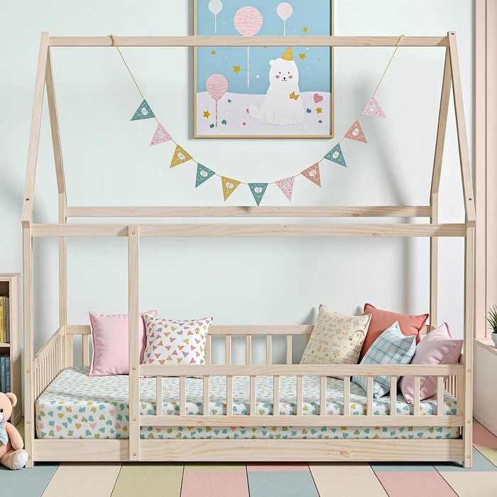 Queen Size Montessori Floor Bed Fence NaturalFinish