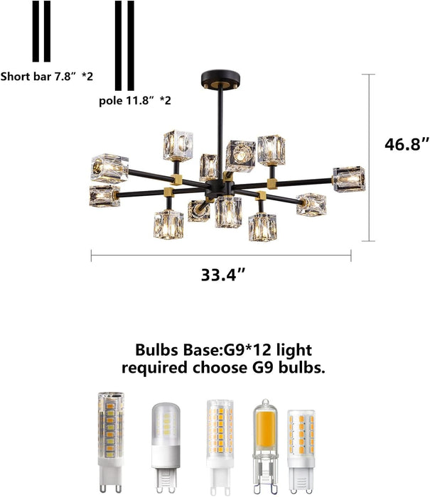 Black Crystal Sputnik Chandelier 12 Lights Adjustable
