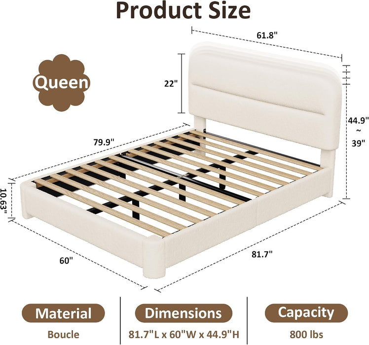Queen Upholstered Bed Frame, Beige Cloud Boucle Bed with Headboard
