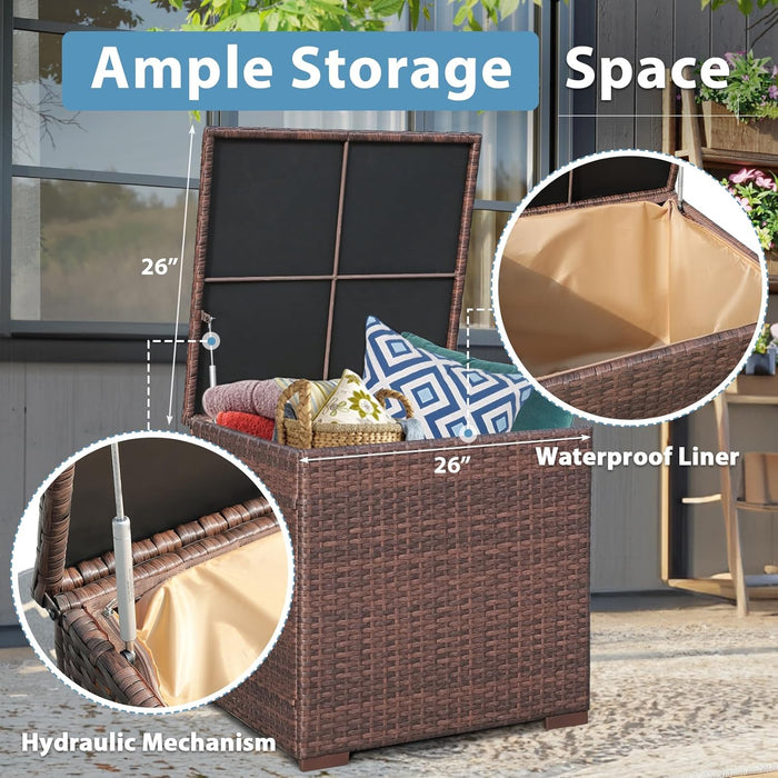 8 Pieces Rattan Patio Furniture Set with 45” Fire Pit Table, Outdoor Conversation Set with 50000 BTU Gas Fire Pit, Wicker Sectional Sofa with Storage Box and Cushions, Beige (Without Table)