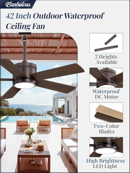 42" Outdoor Ceiling Fan with Light and Remote, IP65 Waterproof, Plug-In Design with 10FT Cord, 6-Speeds, 3CCT, Hook Hanging Fan for Gazebo Patio Porch Garage Canopy(Oil Bronze)