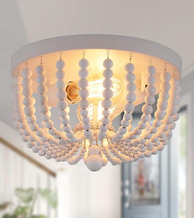 White Flush Mount Ceiling Light Fixtures,2-Lights Wood Beaded Boho Chandeliers for Nursery Baby Bedroom Dining Room Living Room Kitchen Hallway W11.81