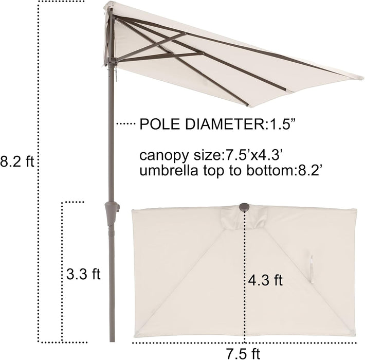 7.5’ by 4’ Half Rectangular Outdoor Patio Umbrella with Base Included, Perfect for Balcony, Garden, Deck