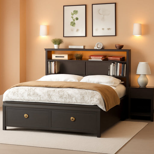 Queen Bed Frame with Storage Headboard, Farmhouse Platform Bed Frame with Bookshelf, Drawers, LED Lights and Charging Station, Metal Slats Support, Noise Free, No Box Spring Needed, Black