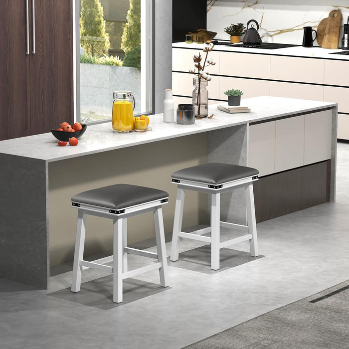 24" Counter Height Bar Stools Set of 2, Faux PU Leather Farmhouse Wood Barstools with Padded Seat, Solid Wood Frame, Max Load 330 Lbs, Saddle Stools for Kitchen Island Pub, White