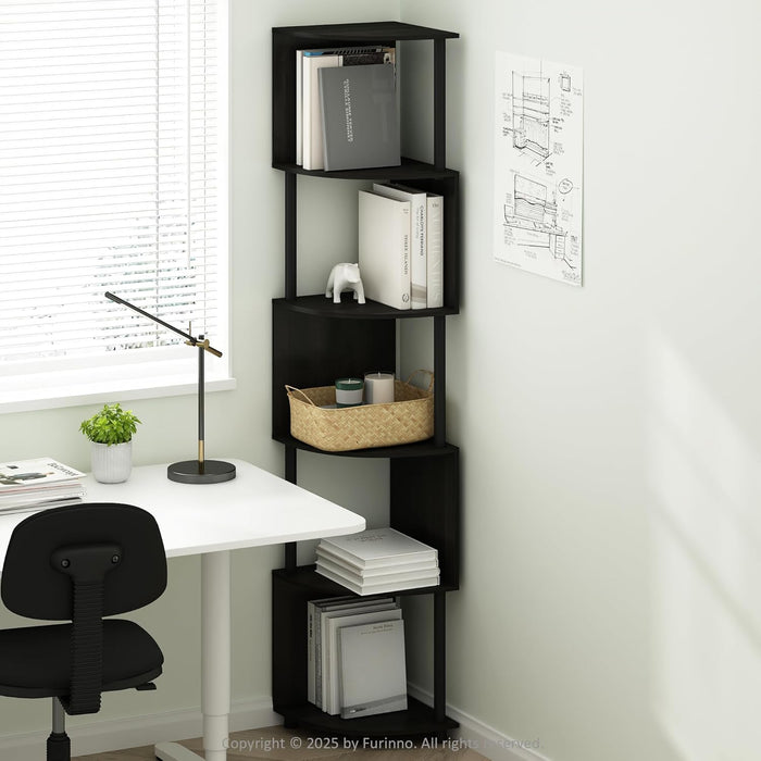 Basic Book Shelf, 5-Tier Bookshelf, Bookcase with Zigzag Corner Shelf, 14.2 X 14.2 X 71.2, for Living Room, Bedroom, Home Office, Espresso/Black