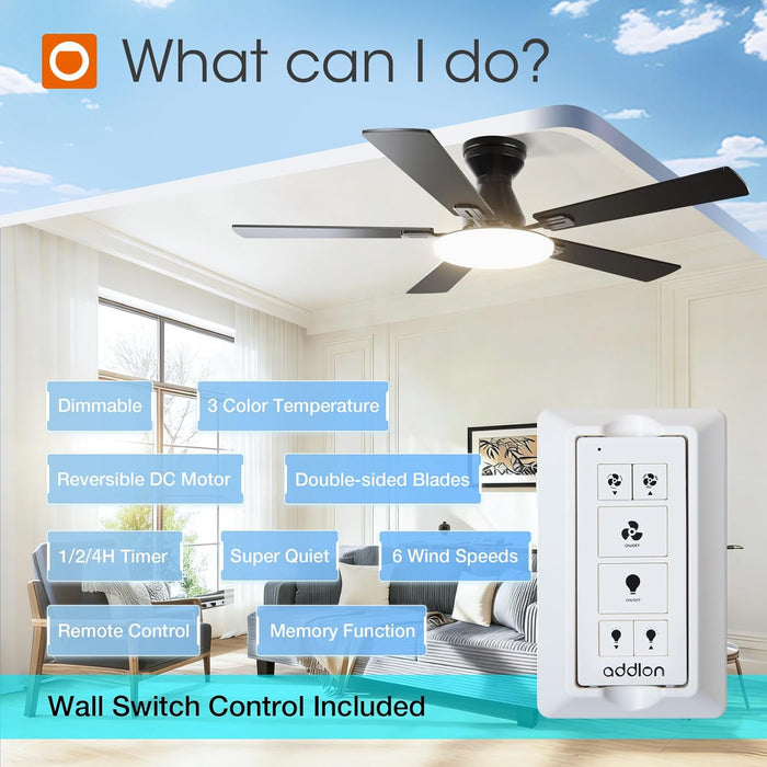 Ceiling Fans with Lights, 52 Inch Flush Mount Ceiling Fan with Remote Control, Wall Remote, Reversible, 3CCT, Dimmable, Noiseless DC Motor, Black Low Profile Ceiling Fan for Bedroom, Farmhouse