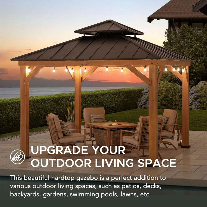 11 X 11 Ft. Wood Gazebo Standard Cedar Framed Gazebos with Black Double Steel Hardtop Roof for Garden, Backyard Shade, Matte Black Roof + Natural Wood Frame