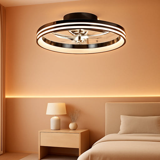 Modern Bladeless Ceiling Fans with Lights, Small Fandelier Bedroom Ceiling Fan - Low Profile LED Fan Light with Remote APP, Flush Mount, Dimmable, DC Motor, 6 Speeds, Timer (18 Inch, Black)