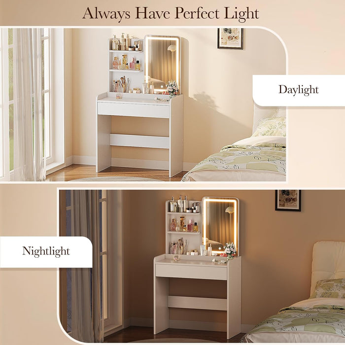 White Vanity Desk Mirror Featuring Integrated Lighting