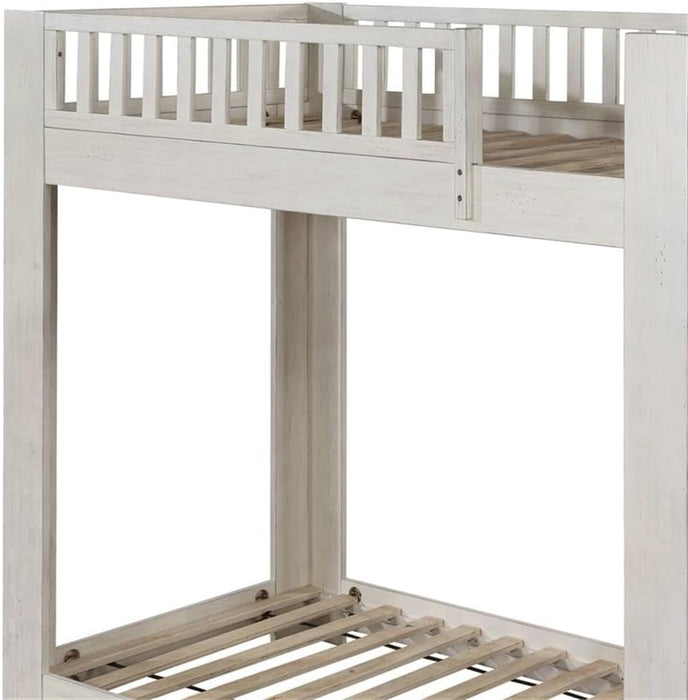 Cedro Twin over Twin Bunk Bed with Wood Ladder in Weathered White