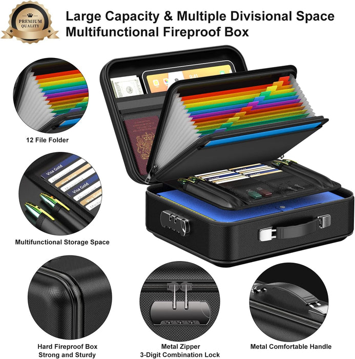 Fireproof Document Box, Hard Case Fireproof Box with Lock Hard-Shell Design Fireproof Water Resistant Safe Box File Organizer for Important Documents Certificates Laptop Passports Black