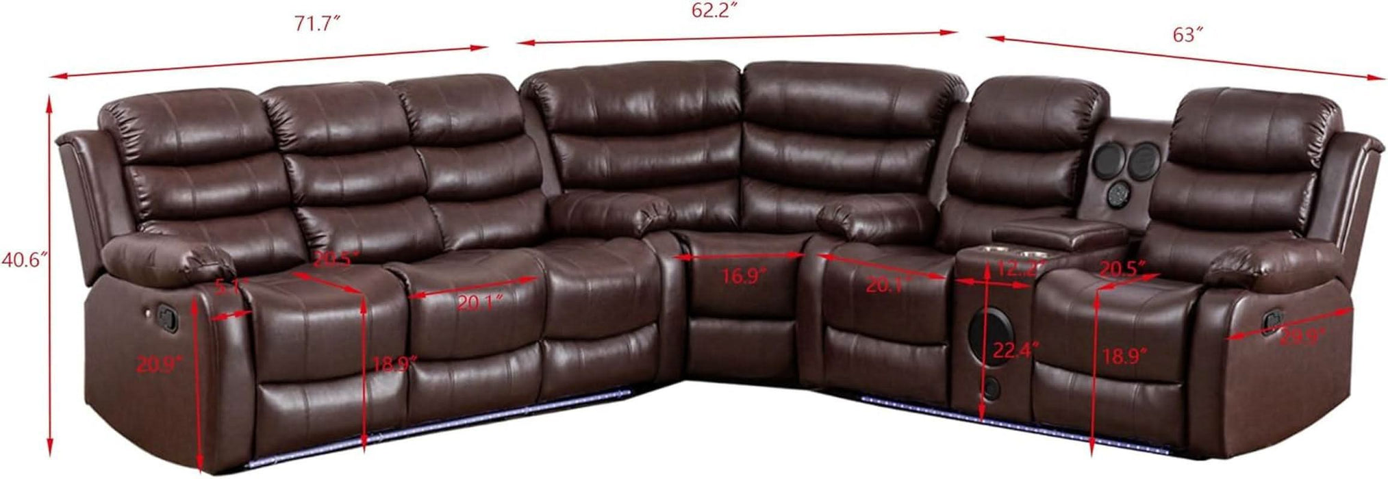 Faux Leather Living Room Set Modern Reclining Sectional Sofa with LED Light, USB Chargers, Sound System, 4Cup Holders, Hidden Storage, Brown