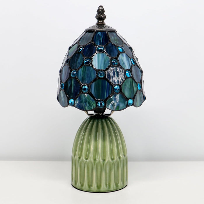 Tiffany Stained Glass Mushroom Table Lamp 12.5 Inch -Sea Blue Pearl