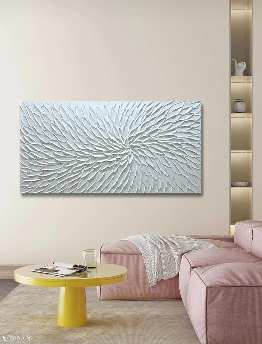 Handmade Textured White Abstract Flower Canvas Wall Art, 24X48 Inch Large Modern White Painting on Canvas with Heavy Impasto Acrylics, Ready to Hang