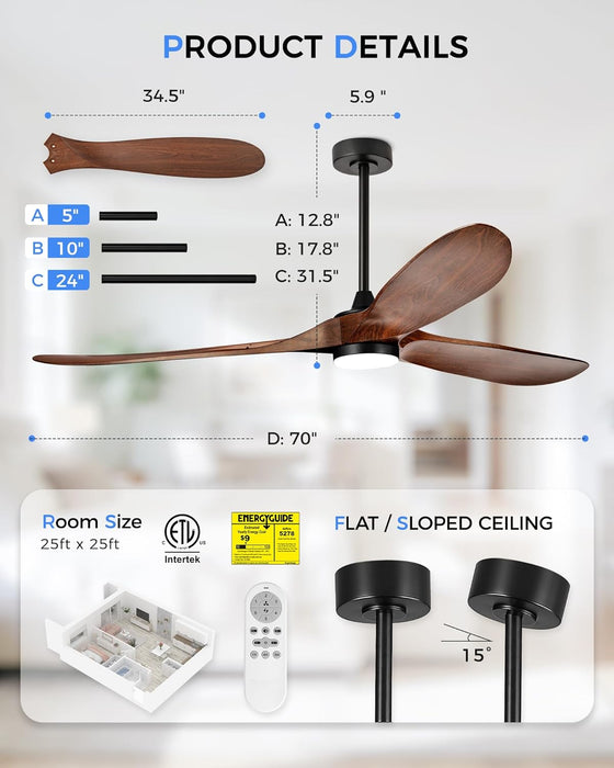70 Inch Modern ABS Ceiling Fan with Lights and Remote, DC Motor Large Ceiling Fan, 3CCT Dimmable LED Indoor Outdoor Ceiling Fan for Living Room, Patio & Covered Porch, ZCCF08WD-70