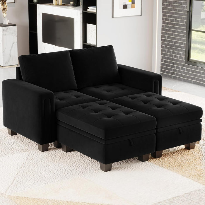 Velvet Modular Sectional Sofa Couch with Storage Convertible Sectional Sleeper Sofa Couch Bed Set with Reversible Chaise Black