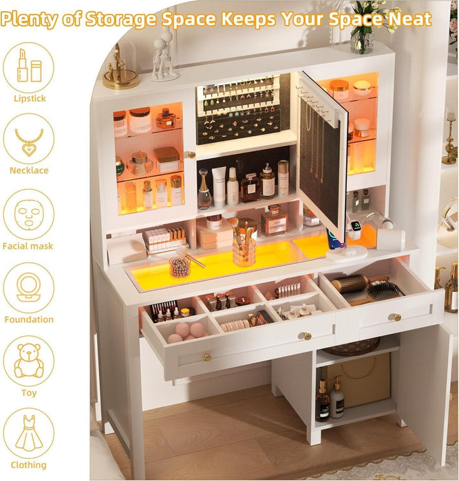 White Makeup Vanity Desk with LED Mirror and RGB Lights and Power Outlet, Morden Glass Top Vanity Table with Drawer & Storage Cabinet & Adjustable Shelves, Large Dressing Table for Bedroom