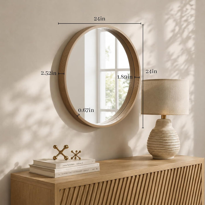 24 Inch Natural round Wood Mirror, Circle Wooden Frame Wall Mirror for Bathroom, Living Room, Bedroom, Entryway