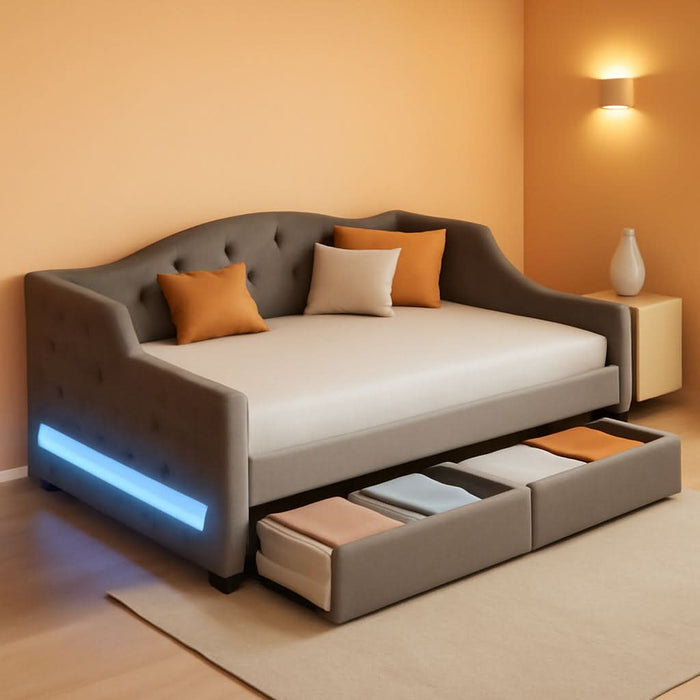 Twin XL Size Modern Upholstered Platform Bed with 2 Drawers, Linen Sofa Daybed with Wood Slat Support, Storage Bed Frame, Space Saving/Gray