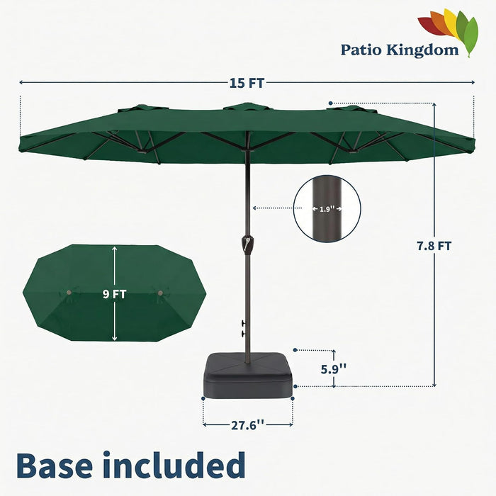 15FT Double Sided Patio Umbrella with Base Included Large Outdoor Market Umbrella with Crank Handle, UV Resistant Canopy, Sturdy Frame for Garden, Poolside, Deck, Forest Green