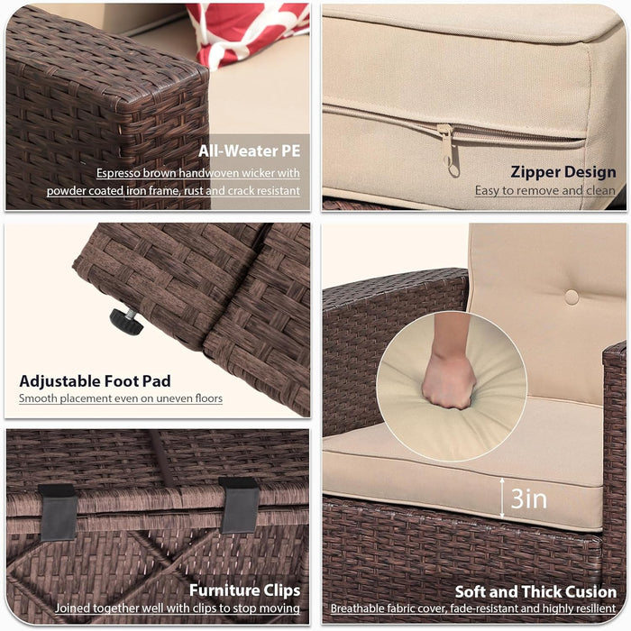 8 Pieces Rattan Patio Furniture Set with 45” Fire Pit Table, Outdoor Conversation Set with 50000 BTU Gas Fire Pit, Wicker Sectional Sofa with Storage Box and Cushions, Beige (Without Table)