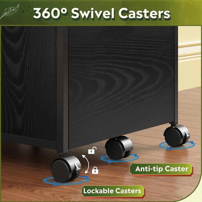 2 Drawer File Cabinet, Mobile Printer Stand with Open Storage Shelf, Wood Filing Cabinet Fits A4 or Letter Size for Home Office, Black