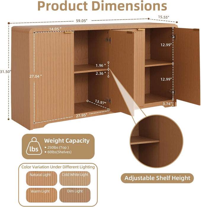 59" Fluted Buffet Cabinet Sideboard with Ample Storage, Natural Oak | Adjustable Shelves, Soft-Close Hinges, Anti-Tip Device, Thick Sturdy Panels, Rounded Edge, Sturdy Structure, Easy Assembly