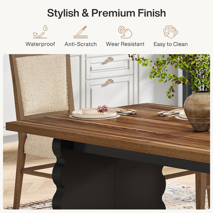 63-Inch Wooden Dining Table for 4-6 People, Modern Large Rectangular Kitchen Table with Thick Black Wave-Shaped Legs for Dining Room, Restaurant